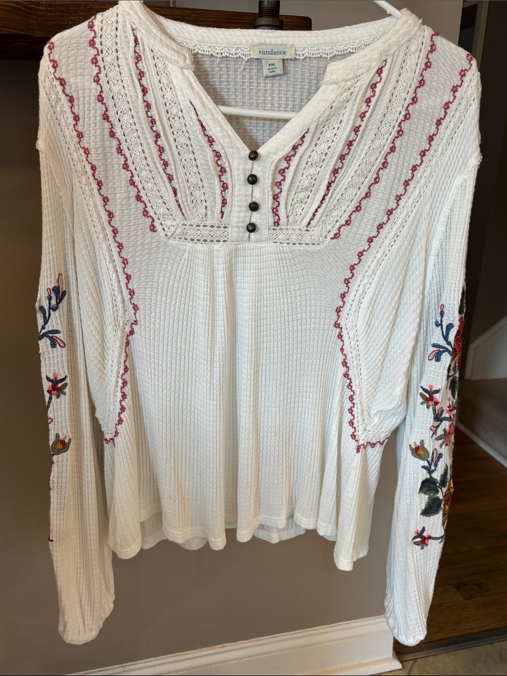 Sundance Embroidered Thermal Top Boho Lace Trim Long Sleeve Ivory Pm